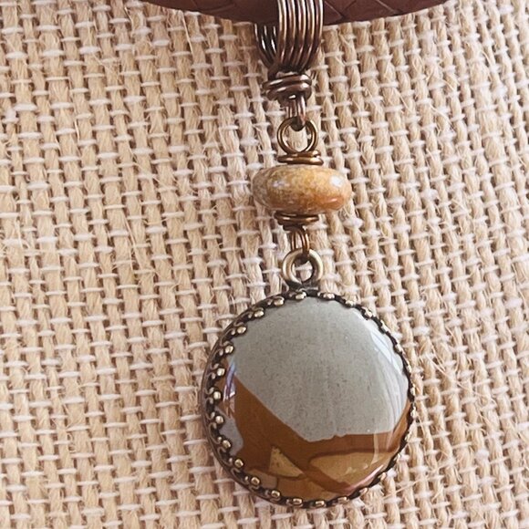 Braided Leather Necklace, Picture Jasper Pendant, Womens Mens Layering Necklace - Picture 6 of 6